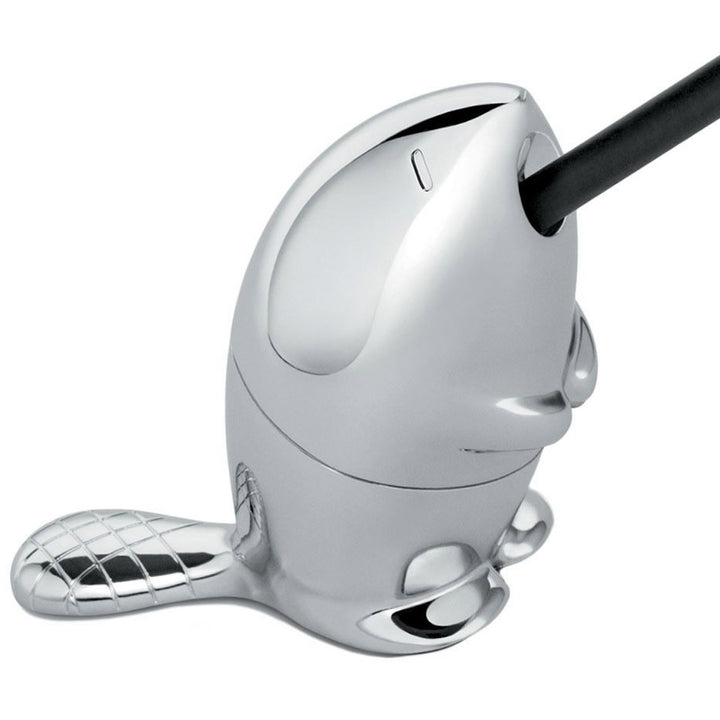 Alessi Anspitzer Kastor in Form eines Bibers Chrom mit Auffangbehälter mit Bleistift im Maul