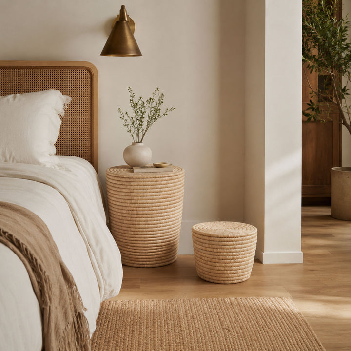 Beistelltisch-Set Mumbo rund aus Palmenfaser in einem Schlafzimmer neben einem Bett