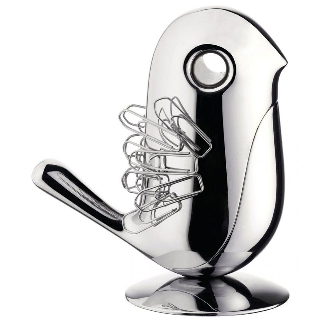 Alessi Büroklammerspender CHIP in Form eines Vogels Chrom mit Büroklammern