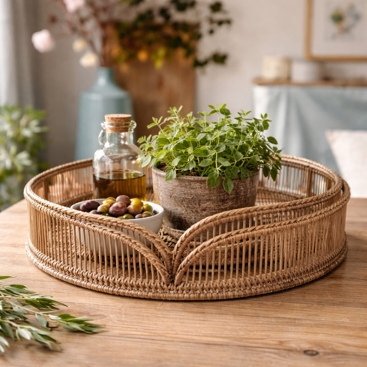 Fiolini Dekotablett Love Tray rund 2er Set Rattan &amp; Bambus dekoriert auf einem Tisch