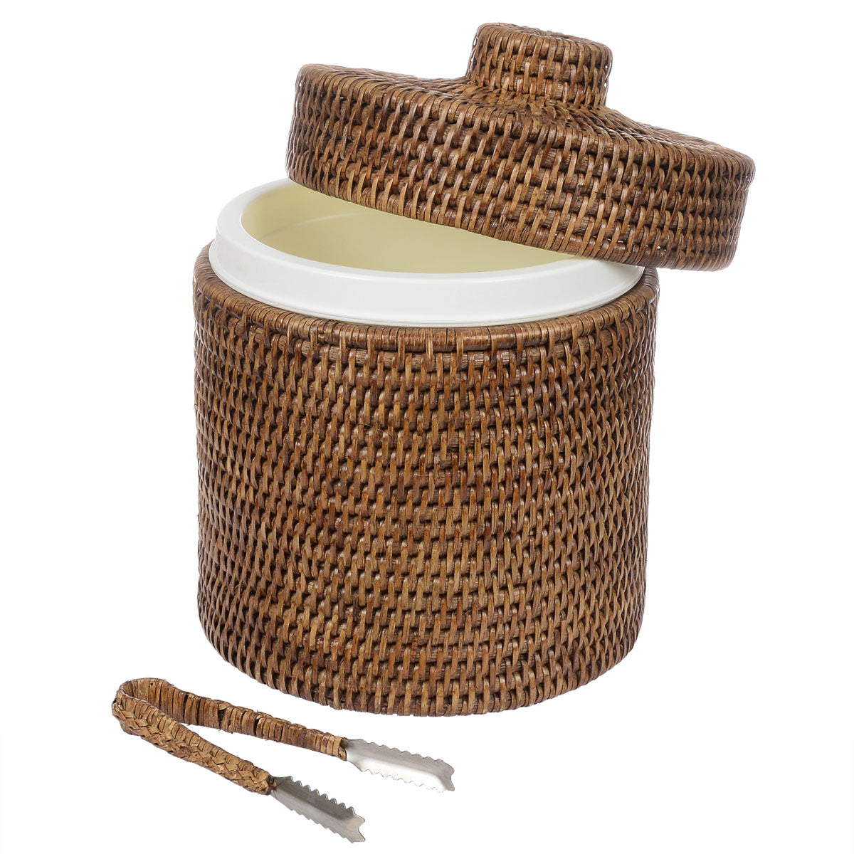 fiolini Rattan Eiskübel – mit Deckel und Zange geöffnet