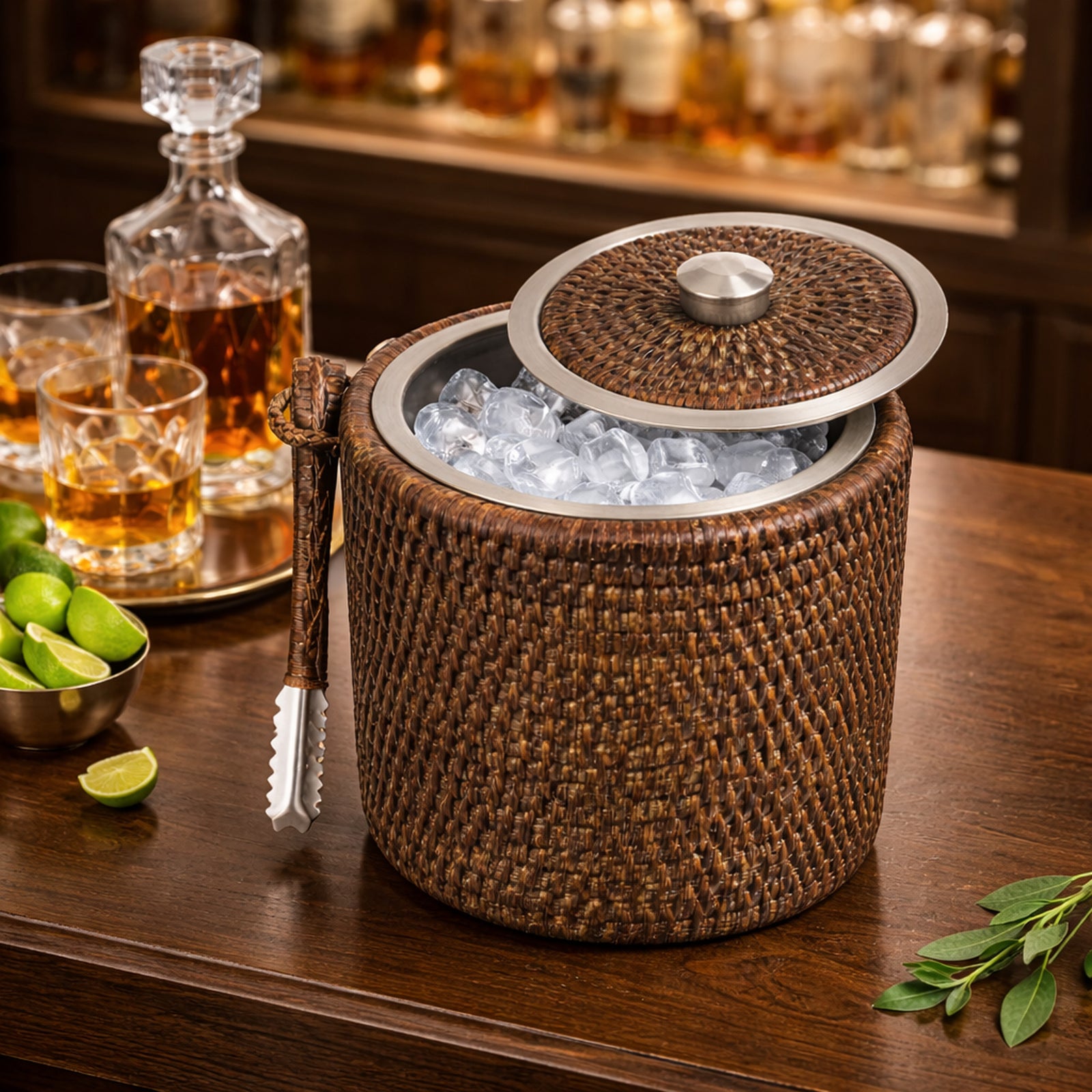 Fiolini Eiskübel Rattan mit Edelstahl Innenbehälter in einer Hausbar