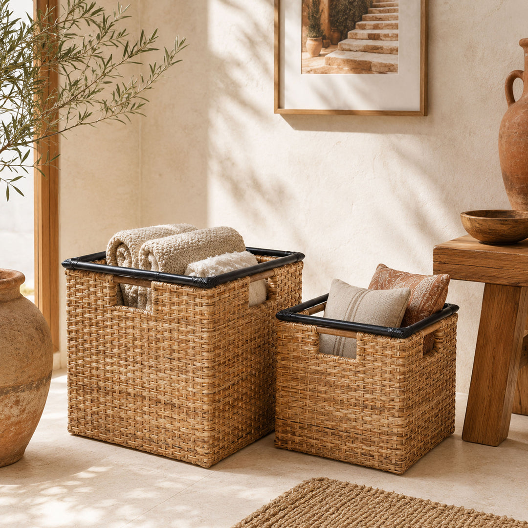 Geflochtenes Korb-Set Rattan (2-teilig) – Aufbewahrungskörbe Rattan mit Bambusrahmen fiolini befüllt mit Deken und Kissen