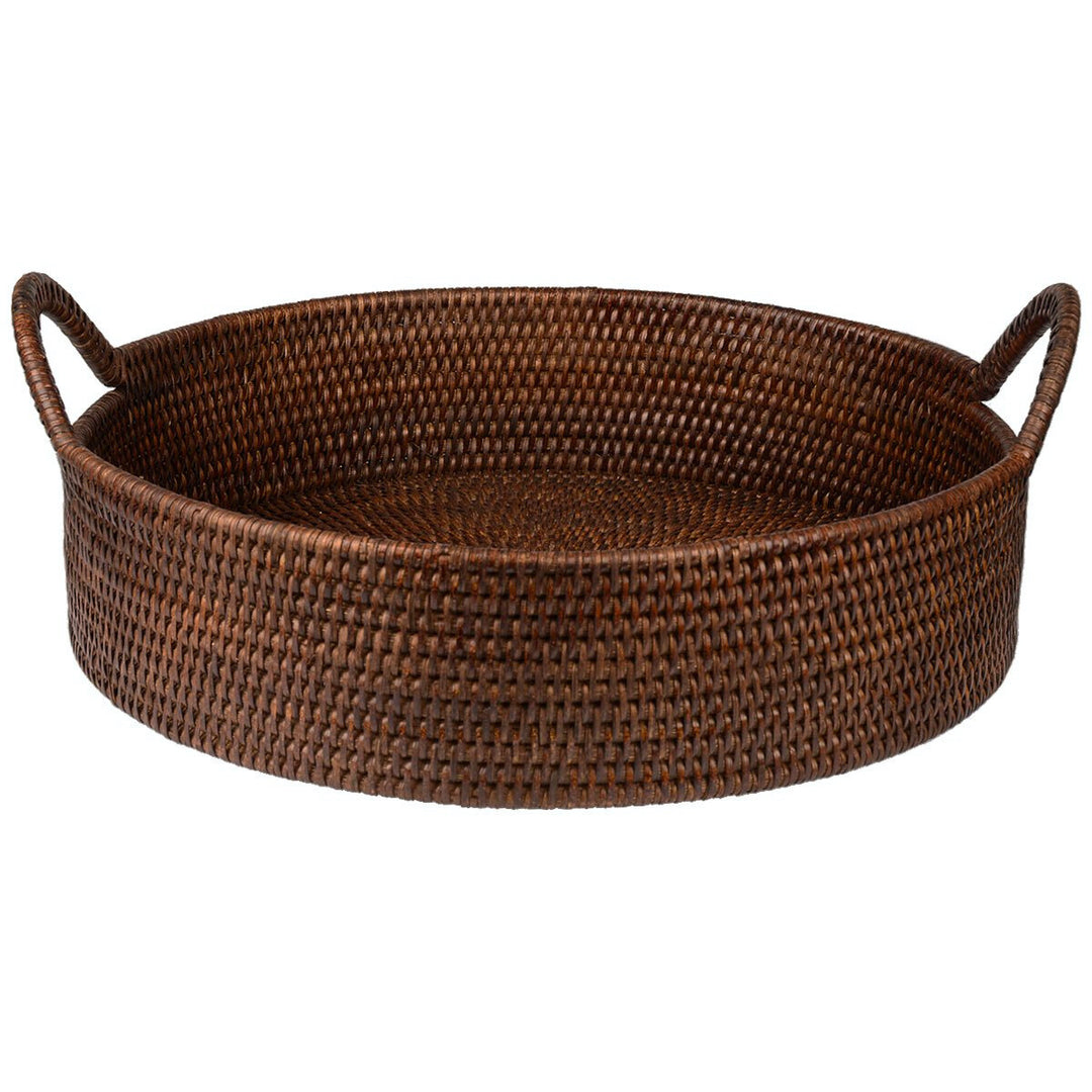 fiolini Dekotablett / Serviertablett Rattan Rund Ø 40 cm mit hohem Rand und Griffen, handgefertigt, braun