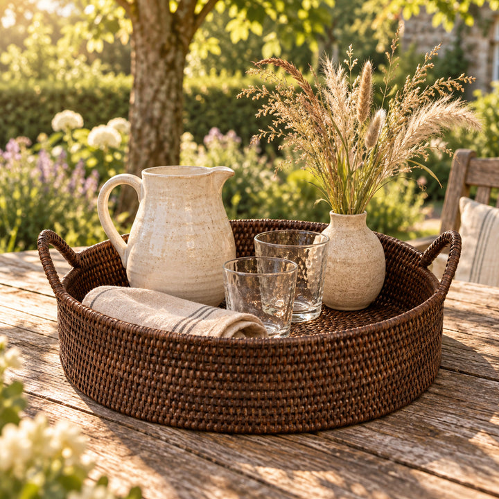 fiolini Rattan Tablett Rund mit Henkeln Dark Mokka auf einem Tisch in einem Garten 