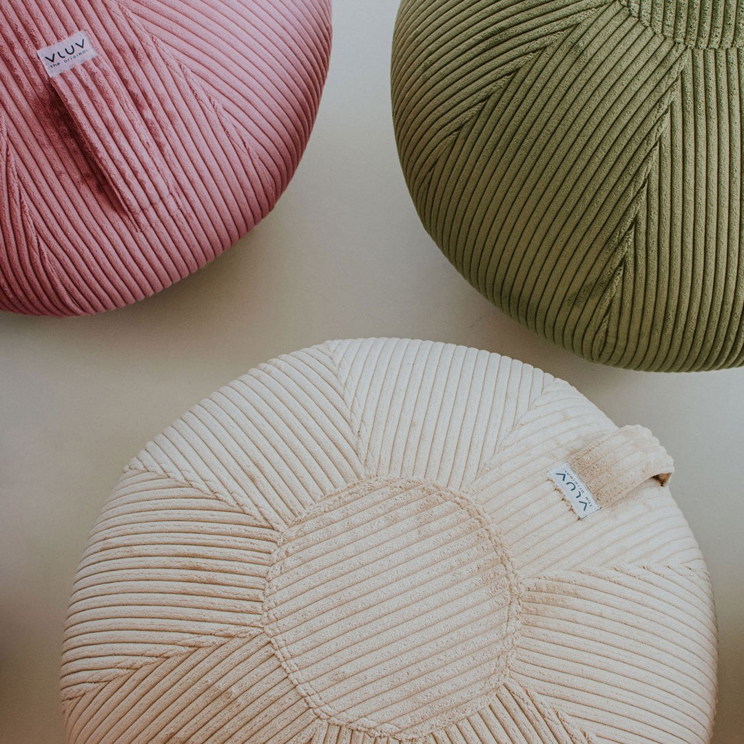 VLUV Sitzball BOL VLIP mit Griff und Breitcordbezug in Rosewood, beige und Olive