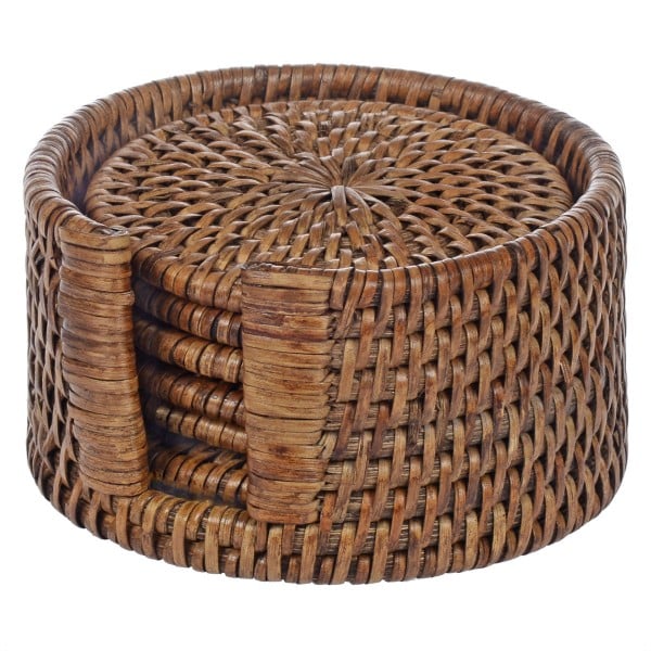 Fiolini Glasuntersetzer Rattan Rund Antique Brown